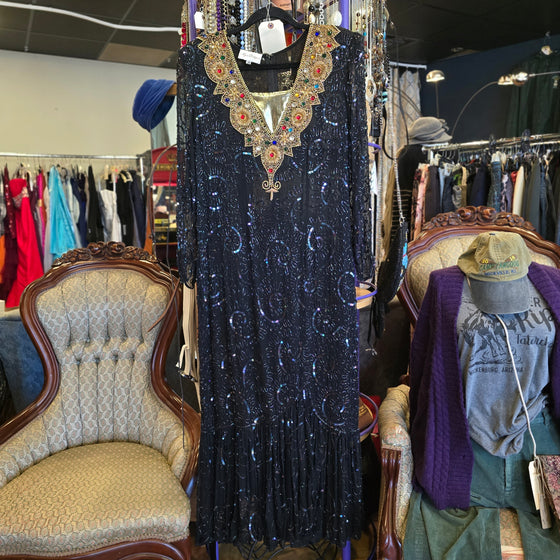 PRICE DROP! 80s ALYCE DESIGNS Black/Gold Beaded/Sequin Maxi Dress
