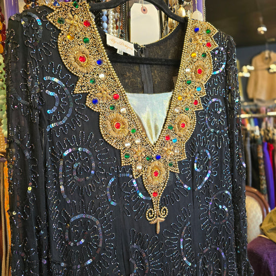 PRICE DROP! 80s ALYCE DESIGNS Black/Gold Beaded/Sequin Maxi Dress