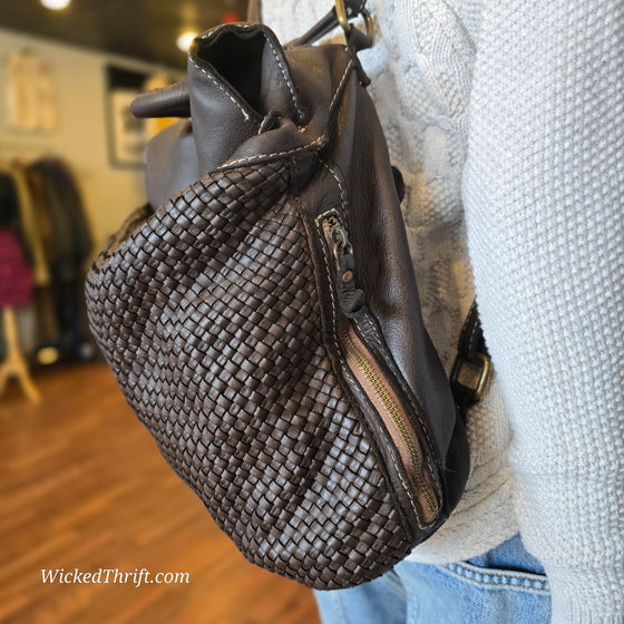 FIRENZE Dark Brown Woven Genuine Leather Backpack